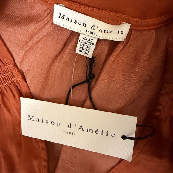 Maison d Amelie Smocked Blouse Shirt Top V Neck Orange XS NWT - Picture 4 of 6